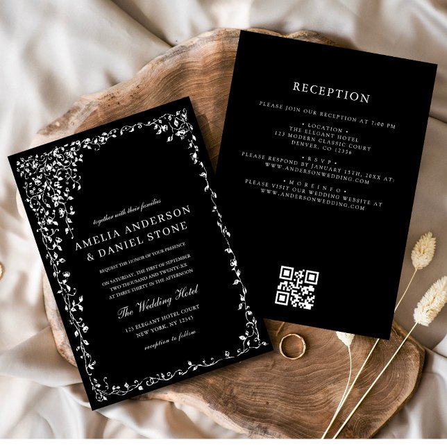 QR Code Moderne Schwarz/Weiß Minimal Leaf Hochzeit Einladung (Von Creator hochgeladen)