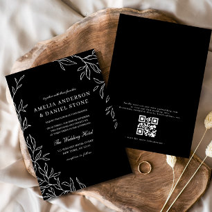 QR Code Moderne Schwarz/Weiß Minimal Leaf Hochzeit Einladung