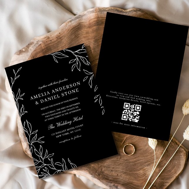 QR Code Moderne Schwarz/Weiß Minimal Leaf Hochzeit Einladung (Von Creator hochgeladen)