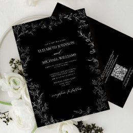 QR Code Moderne Schwarz/Weiß Minimal Leaf Hochzeit Einladung