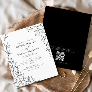 QR Code Moderne Schwarz/Weiß Minimal Leaf Hochzeit Flyer