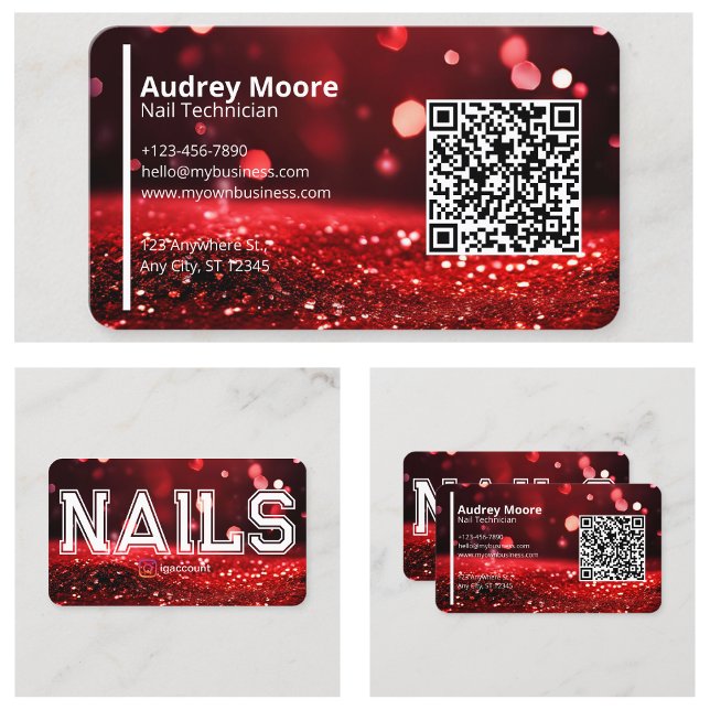 QR-Code Moderner roter Glitzer Berufliche Nageltec Visitenkarte (QR Code Modern Red Glitter Professional Nail Tech Business Card
)