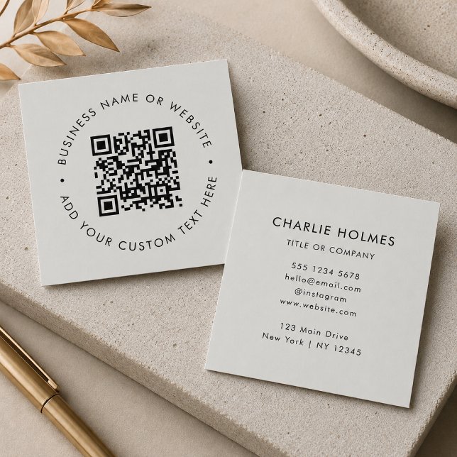 QR-Code | Modernes Berufliches Silbergrau Quadratische Visitenkarte (Interactive editable QR code square business cards to promote your business, products or services.)