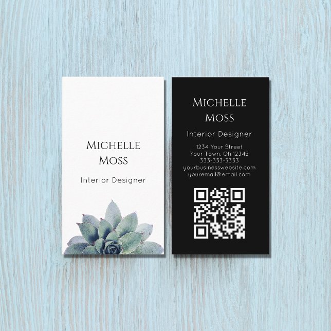 QR-Code Modernes botanisches Grün Schwarz-weiß Visitenkarte (Von Creator hochgeladen)