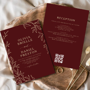 QR Code Modernes Burgund Gold Minimal Leaf Hochzei Einladung
