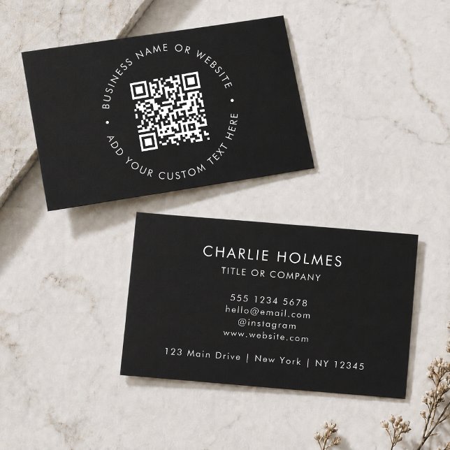 QR-Code | Modernes, stilvolles Schwarz Beruflich Visitenkarte (Interactive editable QR code business cards to promote your business, products or services.)