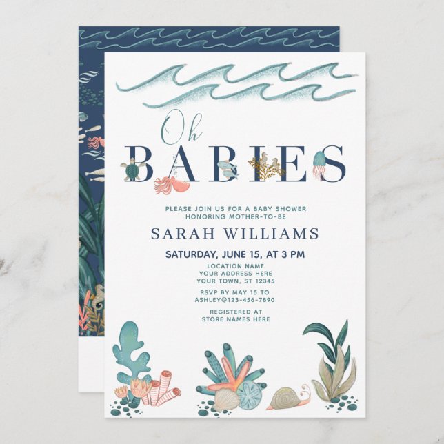 QR Code Multiples Under Sea Oh Babies Shower Einladung (Vorne/Hinten)