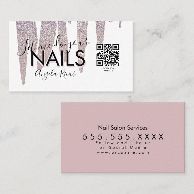 QR CODE Nägel Salon Blush Pink Glitzer Drift Visitenkarte (Vorne/Hinten)