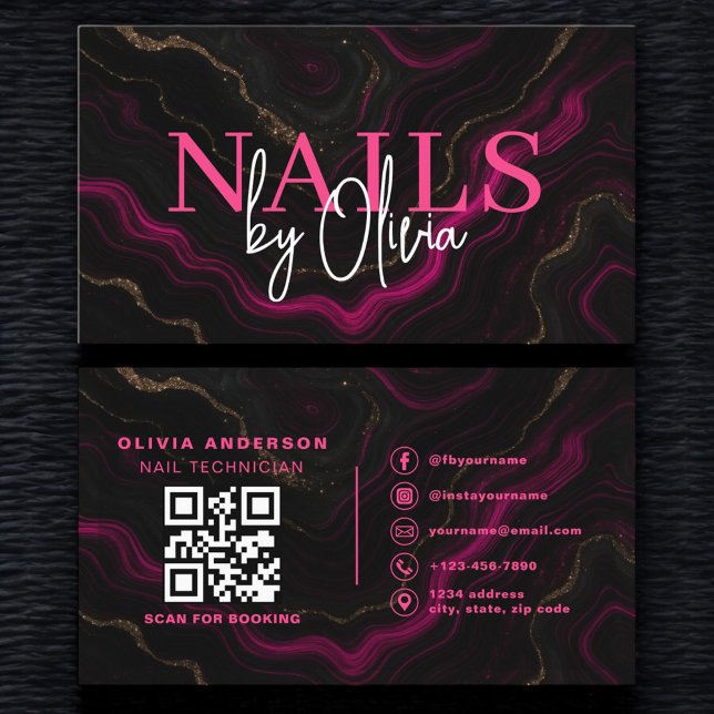 QR Code Nail Specialist Artist Black Hot Pink Visitenkarte (Von Creator hochgeladen)