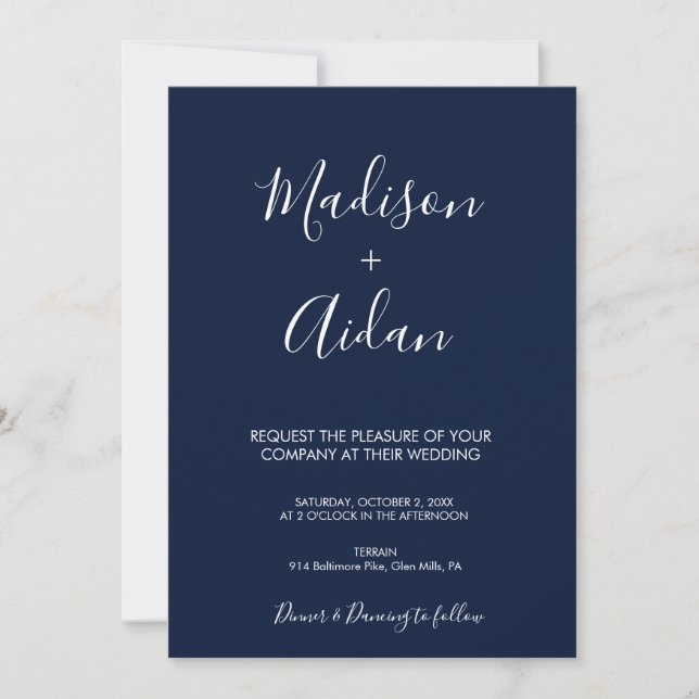 QR Code Navy Blue Calligraphy Wedding Einladung (Vorderseite)