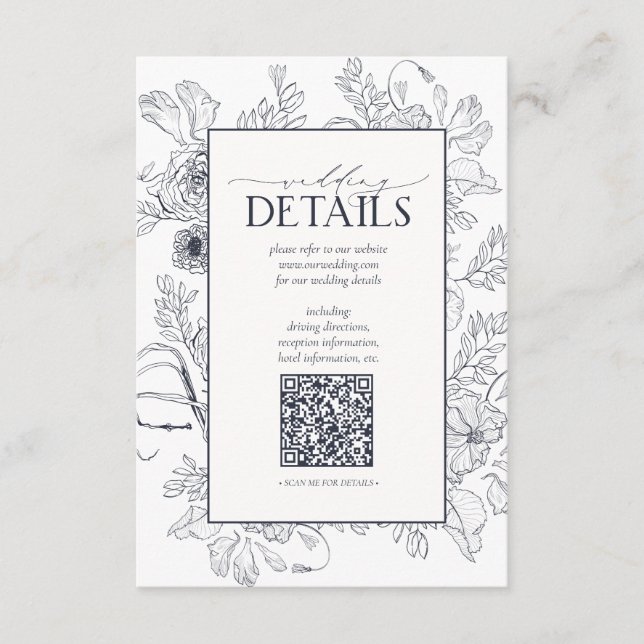 QR Code Navy Blue Floral Wedding Details Begleitkarte (Vorderseite)