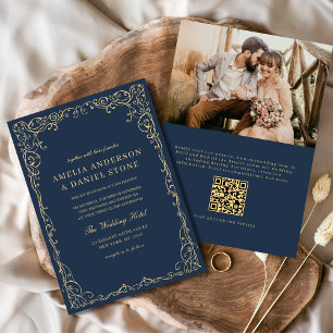 QR Code Navy Blue Gold Foto Minimalistisch Hochzei Einladung