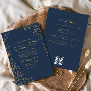 QR Code Navy Blue Gold Minimal Leaf Hochzeit Einladung