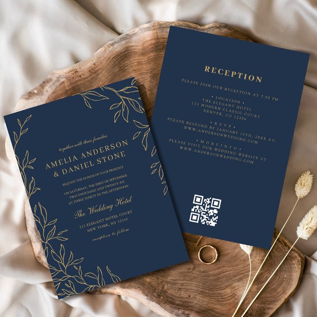 QR Code Navy Blue Gold Minimal Leaf Hochzeit Einladung (Von Creator hochgeladen)