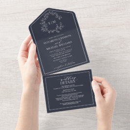 QR Code Navy Blue Leafy Wappen Monogram Wedding All In One Einladung
