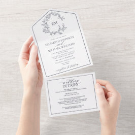 QR Code Navy Blue Leafy Wappen Monogram Wedding All In One Einladung
