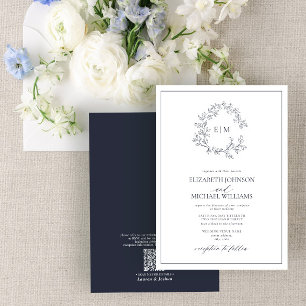 QR Code Navy Blue Leafy Wappen Monogram Wedding Einladung