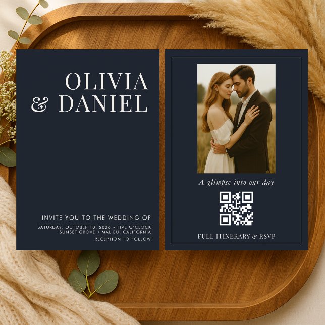 QR Code Navy Blue Minimalist Photo Wedding Einladung (Von Creator hochgeladen)