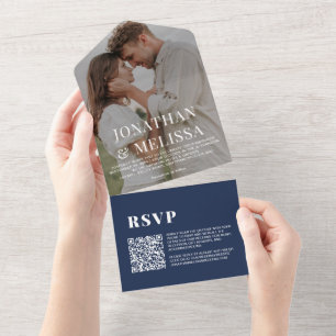 QR-Code   Navy Blue Overlay Foto Wedding All In One Einladung