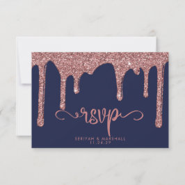 QR Code Navy Blue Rose Gold Glitzer Wedding RSVP Karte
