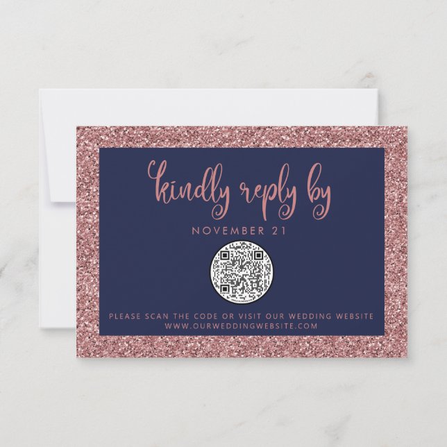 QR Code Navy Blue Rose Gold Glitzer Wedding RSVP Karte (Rückseite)