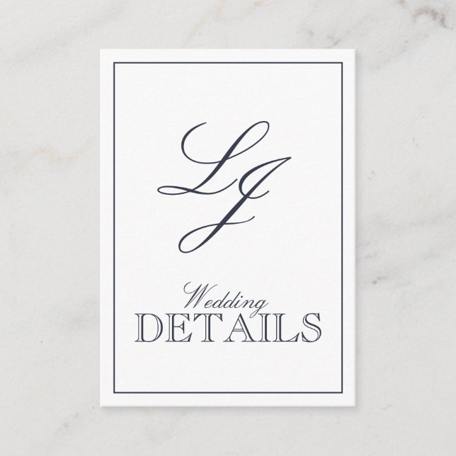 QR Code Navy Blue Script Monogram Wedding Details Begleitkarte (Vorderseite)