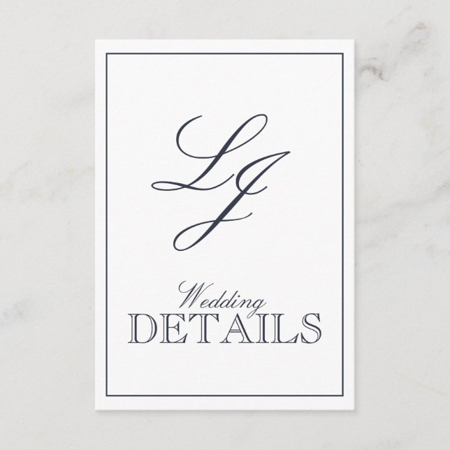 QR Code Navy Blue Script Monogram Wedding Details Begleitkarte (Vorderseite)