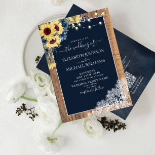 QR Code Navy Blue Sunflower Wood Lace Wedding Einladung