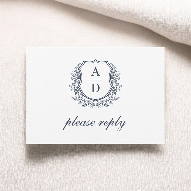 QR Code Navy Blue Wappen Monogram Wedding RSVP Karte (Von Creator hochgeladen)