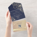 QR Code Navy Rose Gold Wedding All In One Einladung<br><div class="desc">Elegant navy blue and rose gold all-in-one wedding invitation with floral design and monogram. This modern invitation doubles as an envelope and includes a QR code for RSVP and a wedding website link. The rich navy background paired with shimmering rose gold accents creates a timeless and romantic look — ideal...</div>