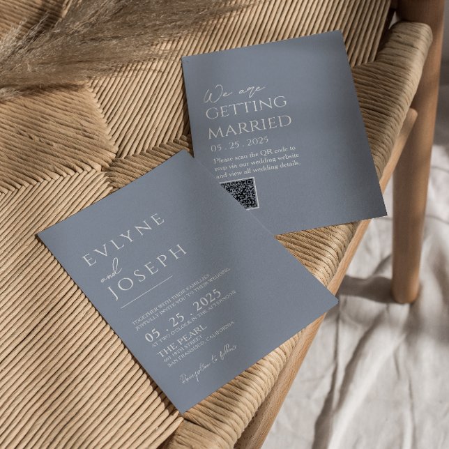 QR Code Neutral Dusty Blue Boho Moderne Hochzeit Einladung (Von Creator hochgeladen)