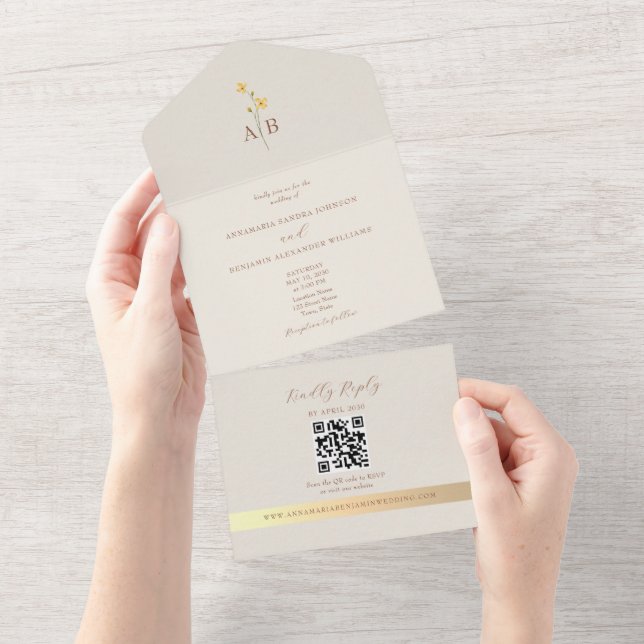 QR-Code Neutral Elfenbeingold Wildblumen Hochzeit All In One Einladung (Abreißen)