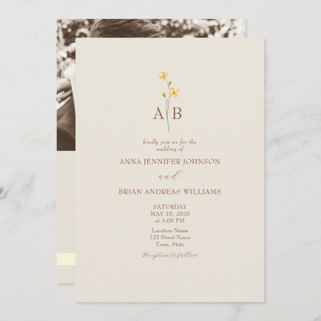 QR Code Neutral Wildflower Photo Wedding Einladung (Vorne/Hinten)