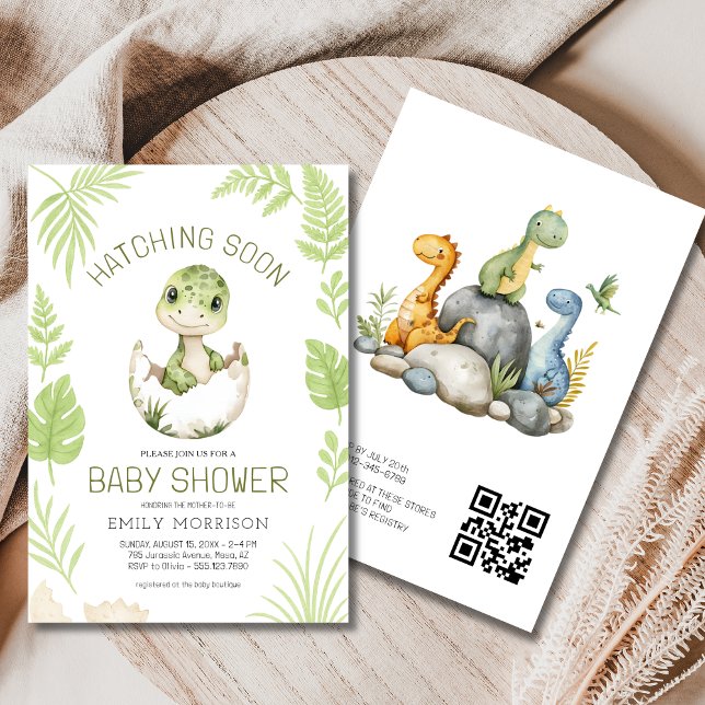 QR Code Niedlich Dinosaurier Schläge Bald Baby Dus Einladung (Von Creator hochgeladen)