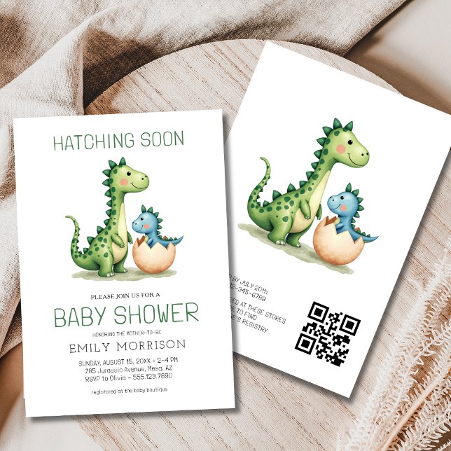 QR Code Niedlich Dinosaurier Schläge Bald Baby Dus Einladung (Von Creator hochgeladen)