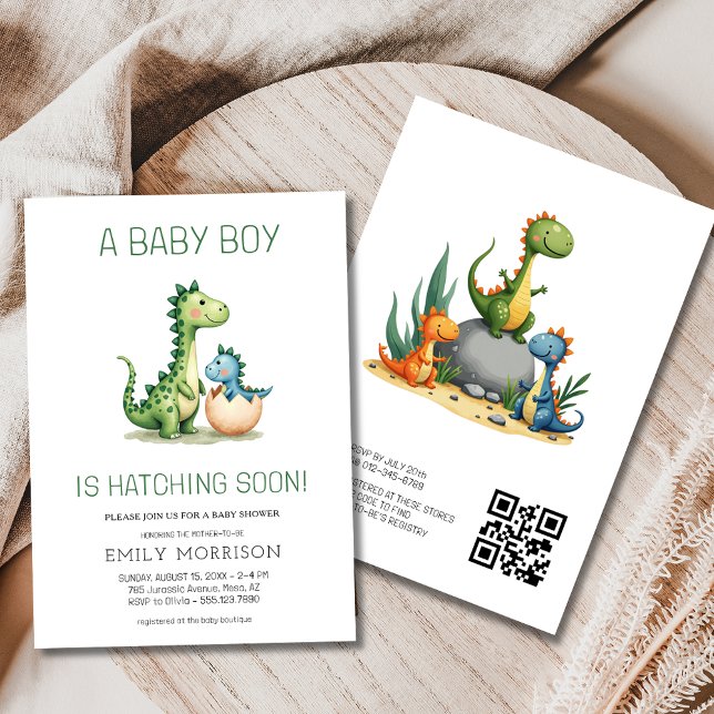 QR Code Niedlich Dinosaurier Schläge Bald Baby Dus Einladung (Von Creator hochgeladen)