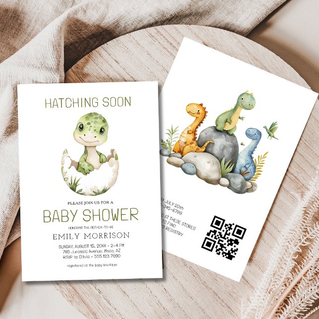 QR Code Niedlich Dinosaurier Schläge Bald Baby Dus Einladung (Von Creator hochgeladen)