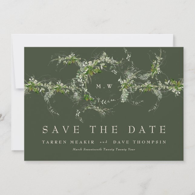 QR-Code NO-FOTO Eucalyptus Monogram Green Save The Date (Vorderseite)