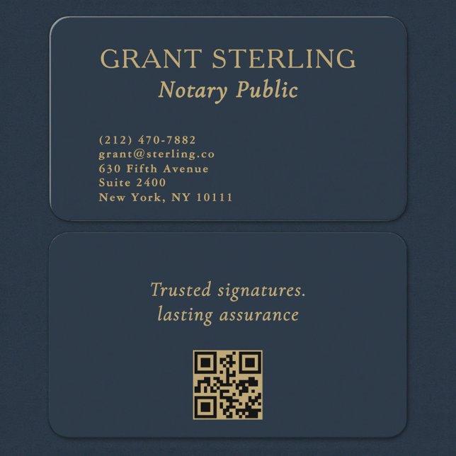 QR Code Notary Public Navy Blue Gold Visitenkarte (Von Creator hochgeladen)