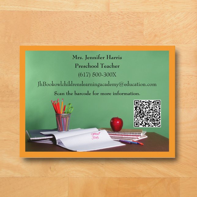 QR-Code Orange Grundschule Vorschullehrer  Visitenkarte (Orange Business Card for Teacher )