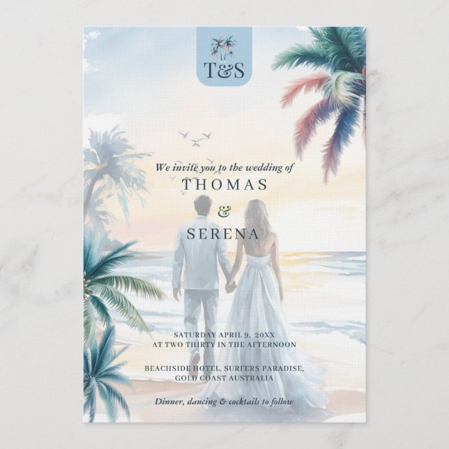 QR Code Palm Tree Beach Wedding Destination Einladung (Vorderseite)
