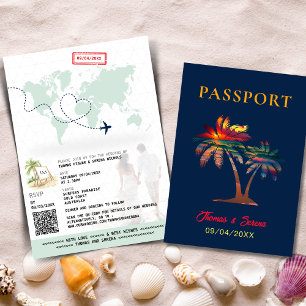 QR Code Palm Tree Passport Hochzeit Weltkarte Einladung