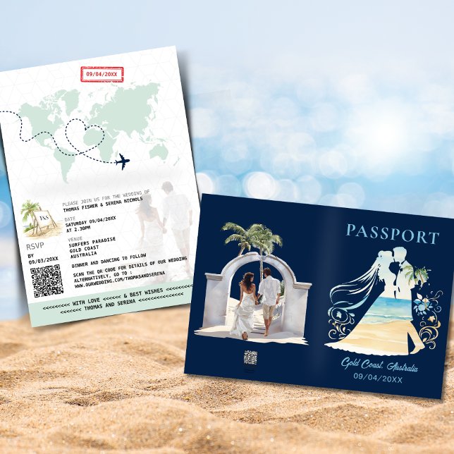 QR Code Passport Beach Wedding Carte du monde Invi (Créateur téléchargé)