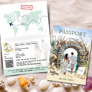 QR Code Passport Beach Wedding Destination Einladung