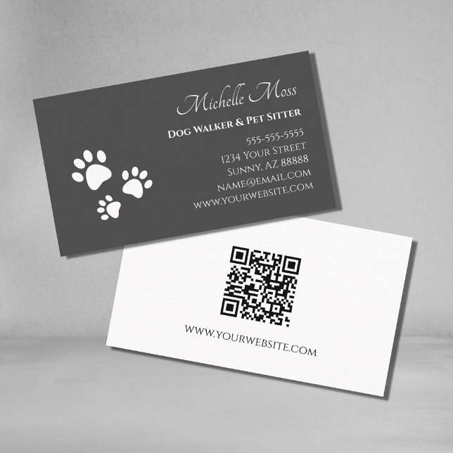 QR-Code Paw Prints Pet Sitter Grau Visitenkarte (Von Creator hochgeladen)