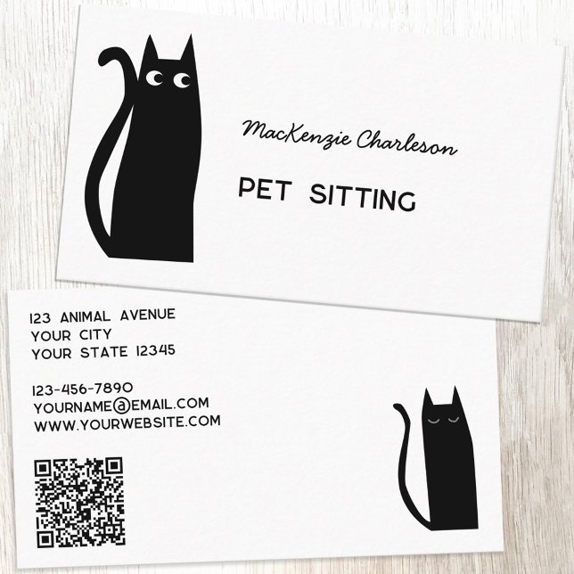 QR-Code-Pet-Dienste für die Black Cat Visitenkarte (Fun black cat custom text qr code pet sitting feeding services business card)
