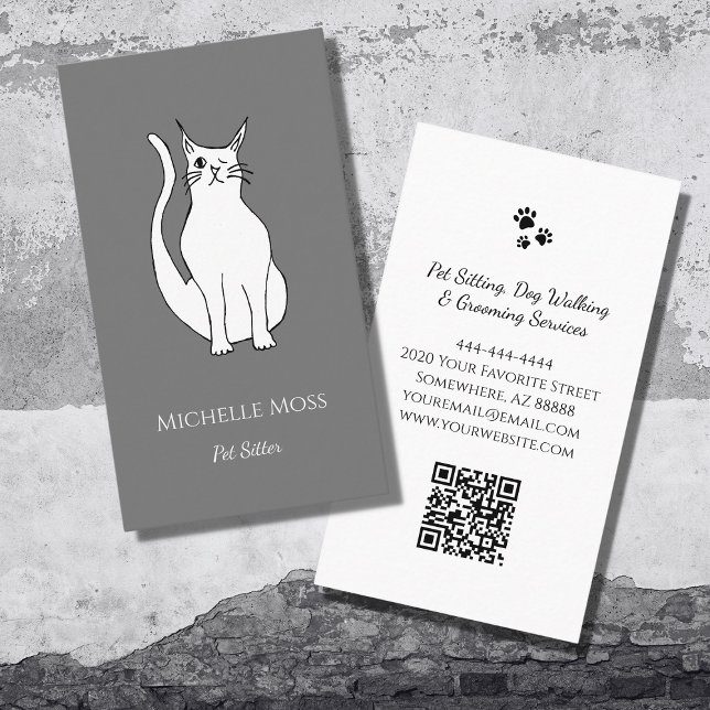 QR-Code Pet Sitter Niedlich Winking Cat Grau Visitenkarte (Von Creator hochgeladen)