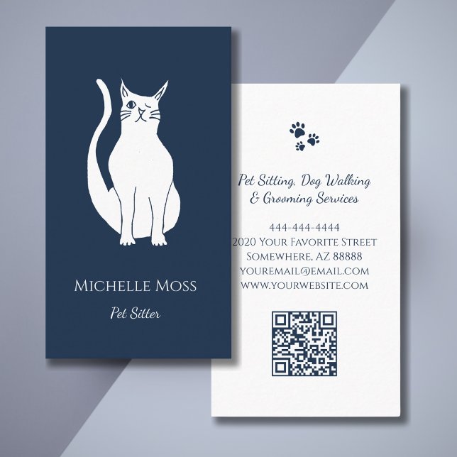 QR-Code Pet Sitter Niedlich Winking Cat Navy Blue Visitenkarte (Von Creator hochgeladen)
