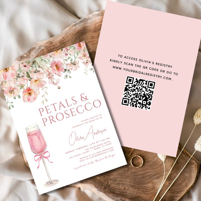 QR Code Petals & Prosecco Pink Bow Brautparty Einladung (Von Creator hochgeladen)