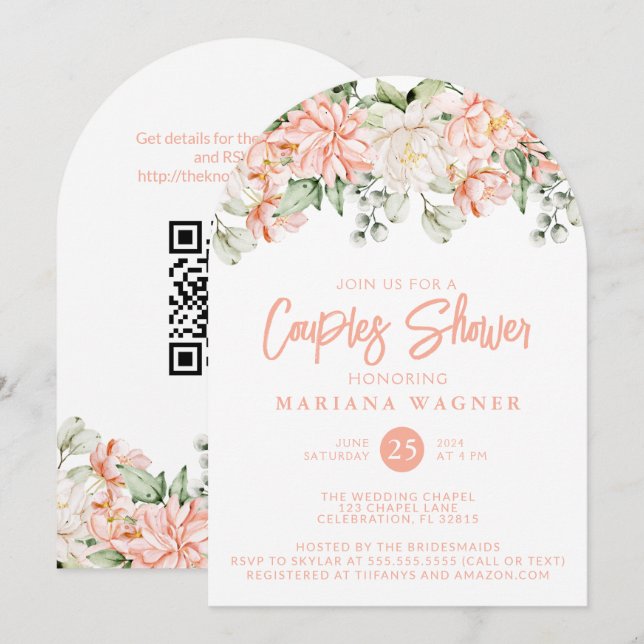 QR-Code Pfirsich-Blumen-Paar-Shower  Einladung (Vorne/Hinten)
